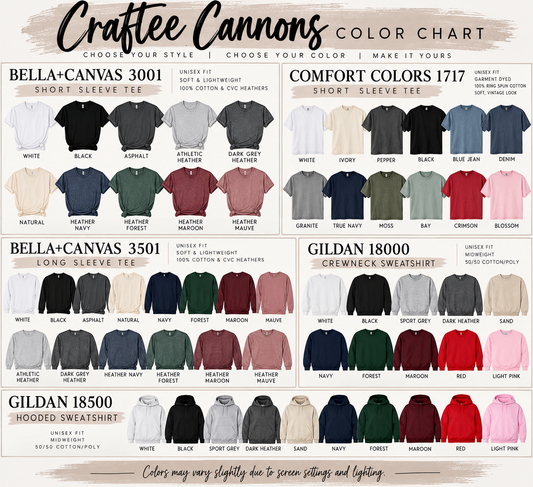 Craftee Cannons apparel color chart