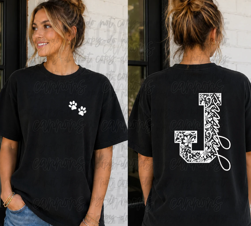 Cougars lace letter C spirit shirt – front paw prints and back lace varsity letter