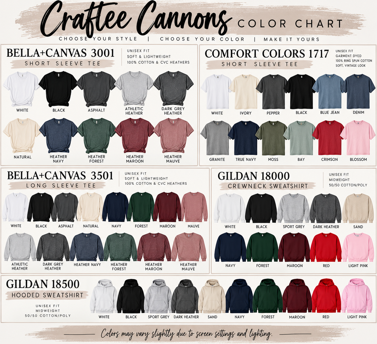 Craftee Cannons apparel color chart