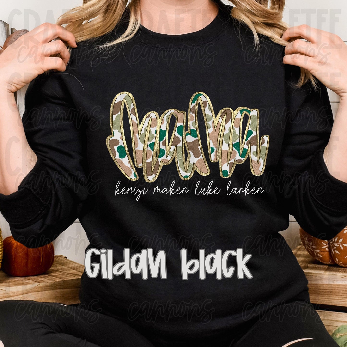 Custom Camo Mama Sweatshirt with Kids Names | Personalized Gold Outline Crewneck | Mothers Day Gift | Gildan Sand or Black Sweatshirt