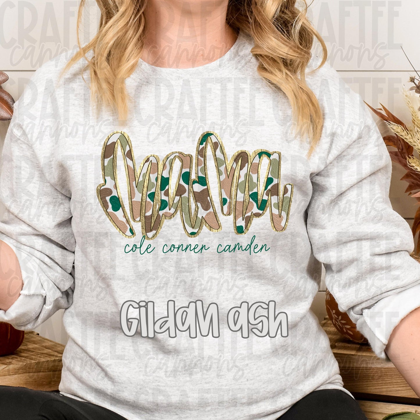 Custom Camo Mama Sweatshirt with Kids Names | Personalized Gold Outline Crewneck | Mothers Day Gift | Gildan Sand or Black Sweatshirt