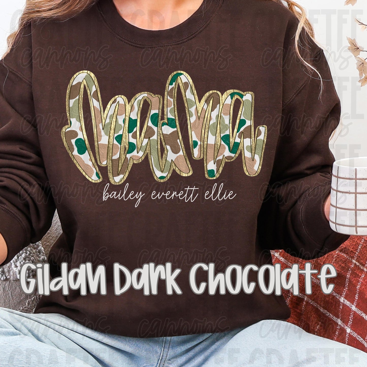 Custom Camo Mama Sweatshirt with Kids Names | Personalized Gold Outline Crewneck | Mothers Day Gift | Gildan Sand or Black Sweatshirt