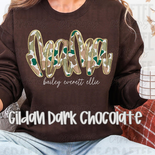 Custom Camo Mama Sweatshirt with Kids Names | Personalized Gold Outline Crewneck | Mothers Day Gift | Gildan Sand or Black Sweatshirt