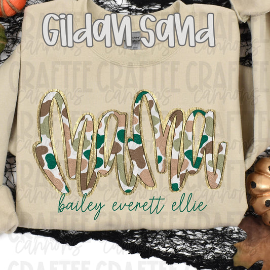 Custom Camo Mama Sweatshirt with Kids Names | Personalized Gold Outline Crewneck | Mothers Day Gift | Gildan Sand or Black Sweatshirt